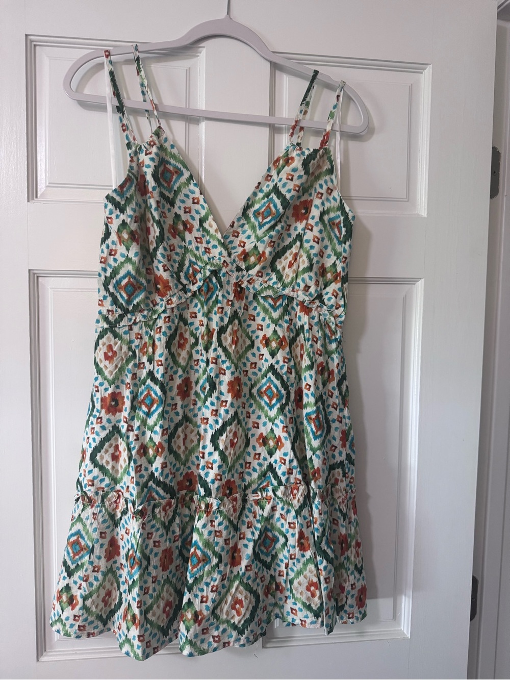 Printed Spaghetti-Strap Mini Dress in White with Green & Rust Pattern NWOT